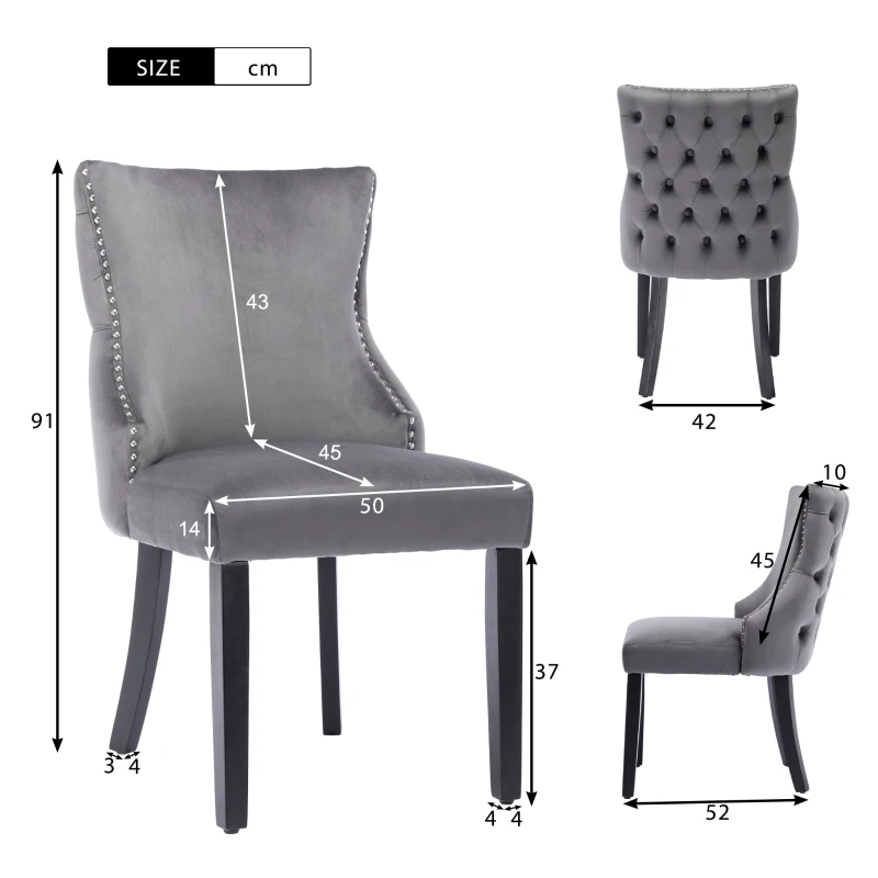 Set aus 6 gepolsterten Esszimmerstühlen mit Knopfheftung und Metallnieten, Samtoptik, Grau