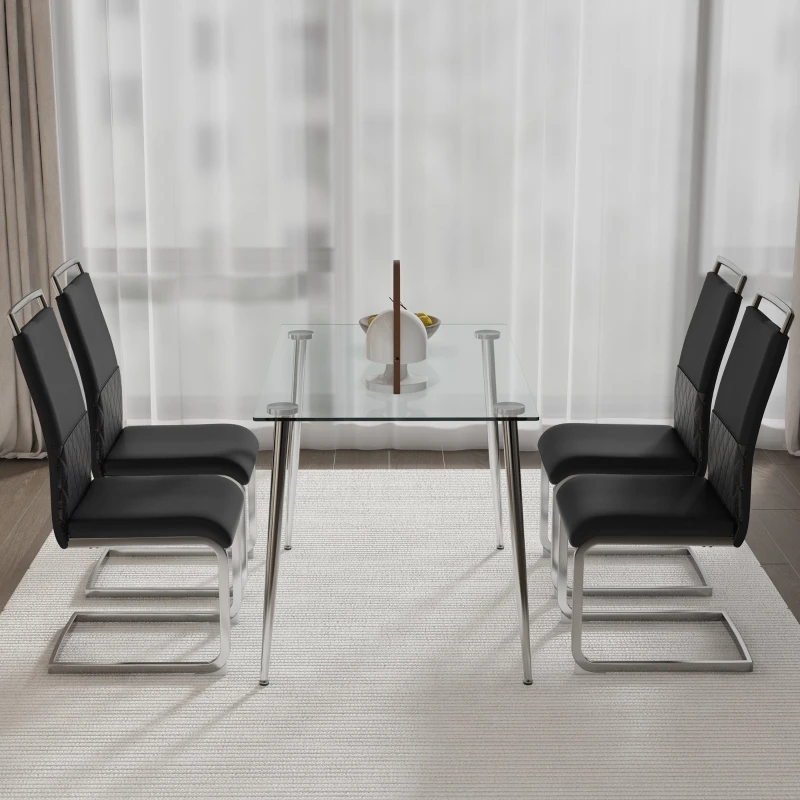 Set aus 4 modernen und ergonomischen Esszimmerstühlen mit hoher Rückenlehne aus Kunstleder und Stoff in Leinenoptik, Schwarz
