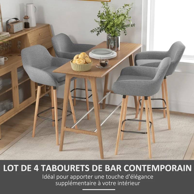 HOMCOM Tabourets de Bar Design scandinave Lot de 4 tabourets de Bar avec Repose-Pieds et accoudoirs Bois massif Lin Gris foncé