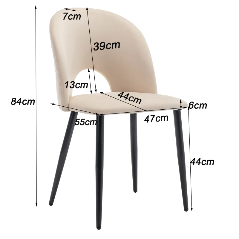 Set aus 6 gepolsterten Esszimmerstühlen in Samtoptik, Rückenlehne mit Diamantmuster, Metallrahmen, Beige