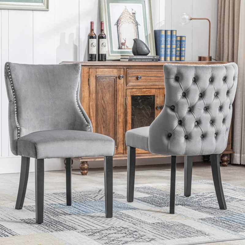 Set aus 6 gepolsterten Esszimmerstühlen mit Knopfheftung und Metallnieten, Samtoptik, Grau