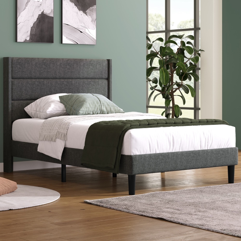 Lit 90x200cm Tête De Lit Capitonnée - Tissu Chenille Doux - Sommier à Lattes Bois Eucalyptus - Sans Matelas