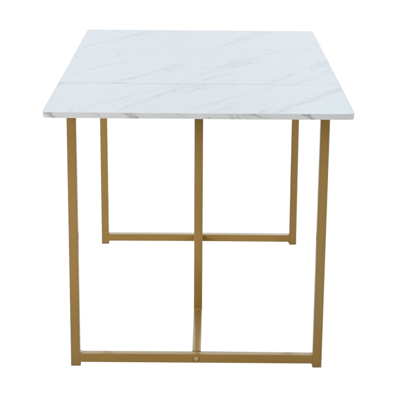 Moderner rechteckiger Esstisch mit MDF-Tischplatte in Marmoroptik in L-Form, 140x80x75 cm, Weiß+Golden