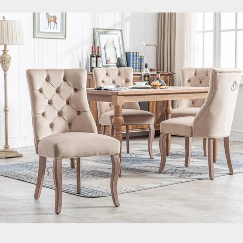 Ensemble de 4 Rembourrés Chaises de salle à manger hors de velours avec plus haut Dossier et capiton à boutons, Beige