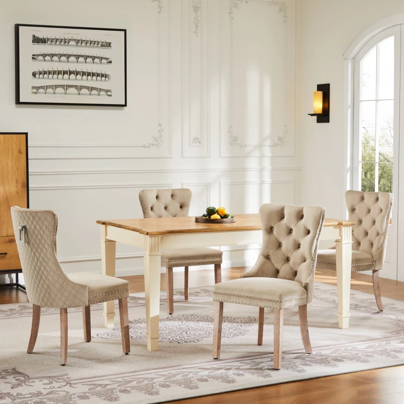Set aus 4 gepolsterten Esszimmerstühlen in Samtoptik mit weicher Polsterung, Design mit Knopfheftung, 50x46x91 cm, Hellbraun
