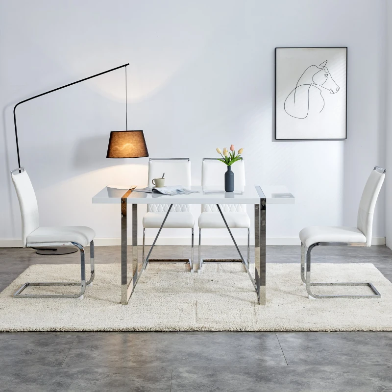 Set aus 4 modernen und ergonomischen Esszimmerstühlen mit hoher Rückenlehne aus Kunstleder und Stoff in Leinenoptik, Weiß