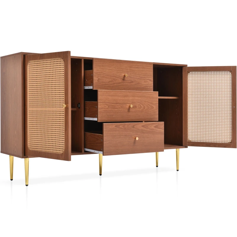 Commode moderne avec 2 portes et 3 tiroirs, en MDF et métal, 150x40x90 cm, Couleur Naturelle
