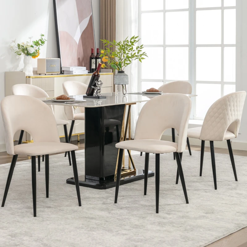 Set aus 6 gepolsterten Esszimmerstühlen in Samtoptik, Rückenlehne mit Diamantmuster, Metallrahmen, Beige