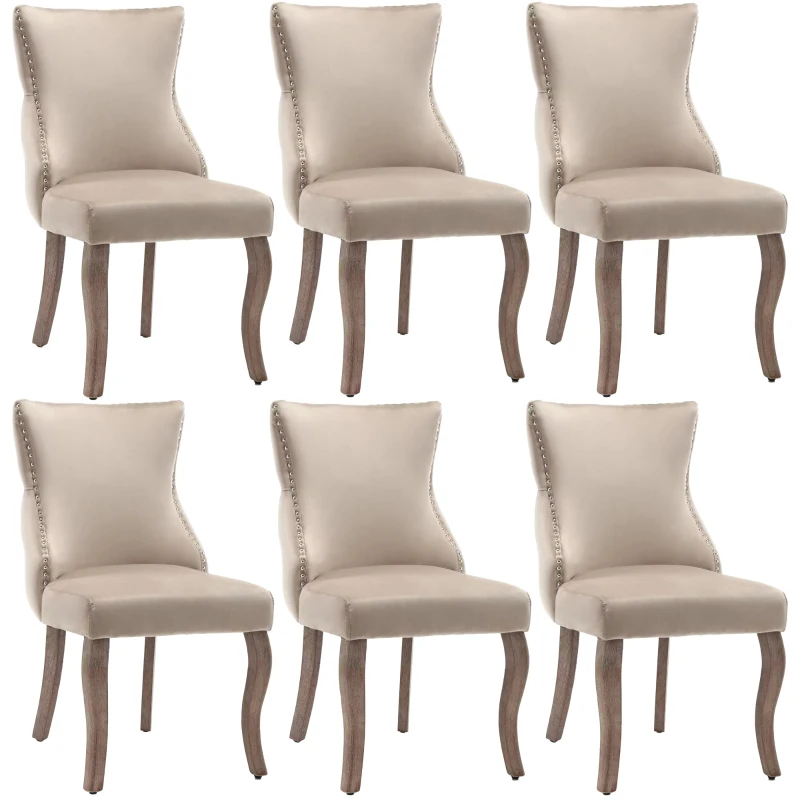 Ensemble de 6 rembourrés Chaises de salle à manger hors de velours avec Détails boutons et rivets métalliques, Beige