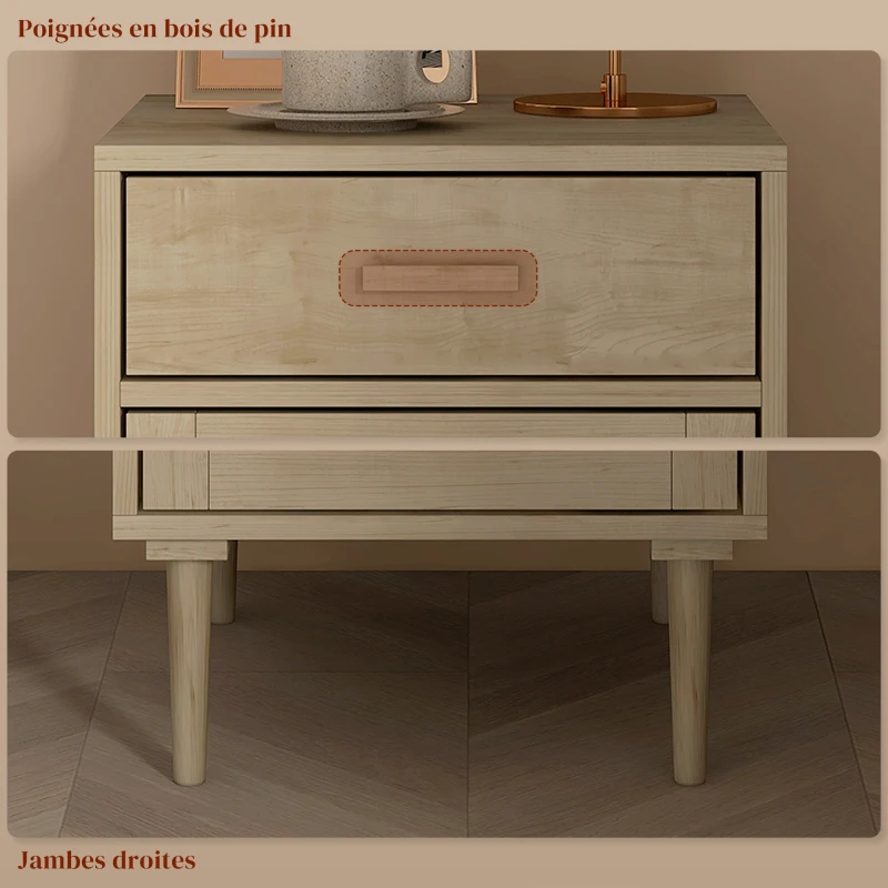 Lot de 2 tables de chevet avec placard et étagère porte rotin tissé 1 tiroir design bohème - 40 x 40 x 68,5 cm naturel