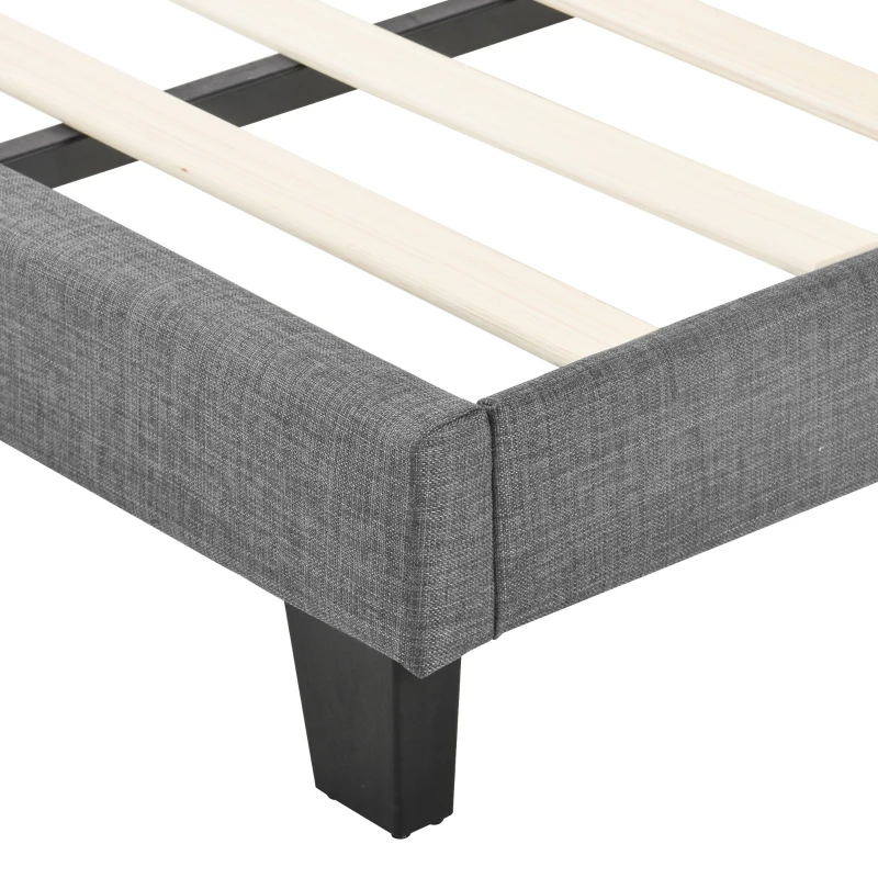 Lit Double avec Tête de Lit Rembourrée et Sommier à Lattes, en Lin, 140x200, Matelas à Ressorts Inclus, Grand Confort, Gris