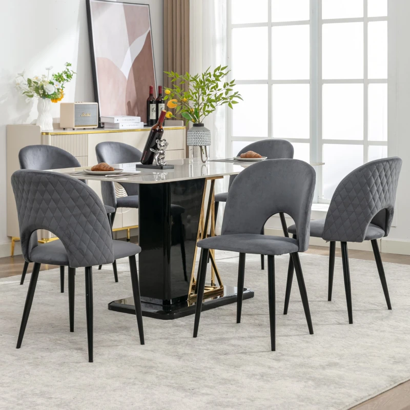 Set aus 6 gepolsterten Esszimmerstühlen in Samtoptik, Rückenlehne mit Diamantmuster, Metallrahmen, Grau