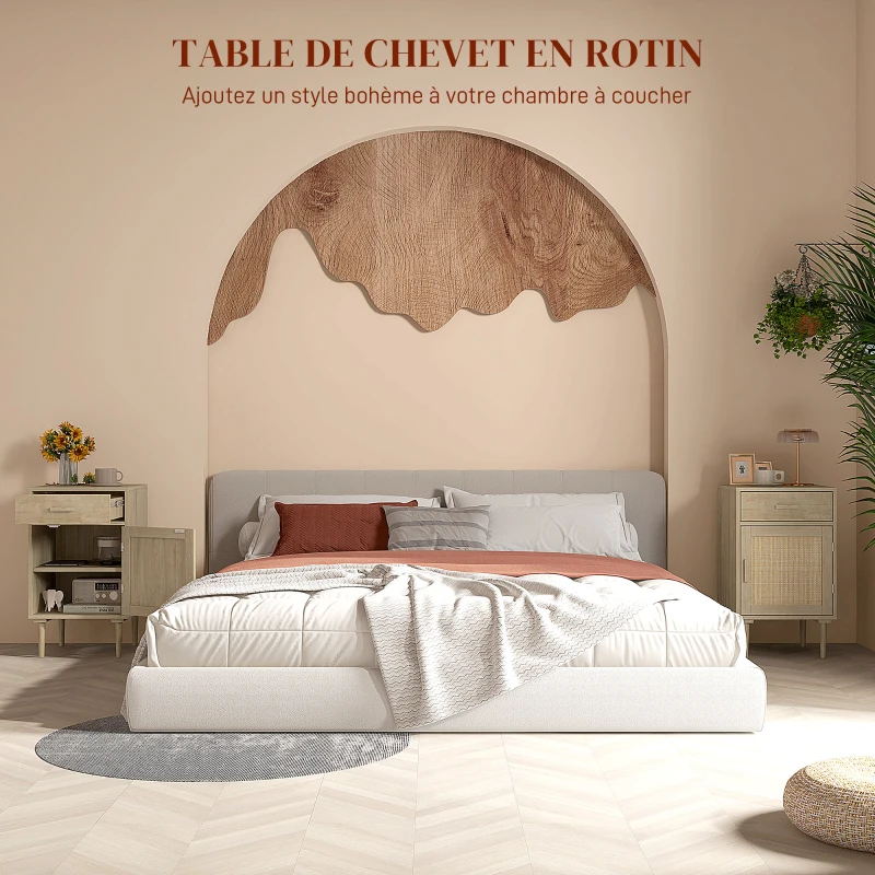 Lot de 2 tables de chevet avec placard et étagère porte rotin tissé 1 tiroir design bohème - 40 x 40 x 68,5 cm naturel