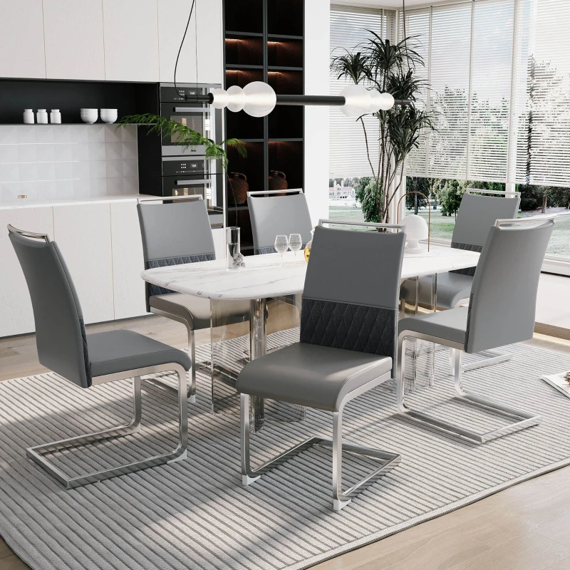 Set aus 6 modernen und ergonomischen Esszimmerstühlen mit hoher Rückenlehne aus Kunstleder und Stoff in Leinenoptik, Grau