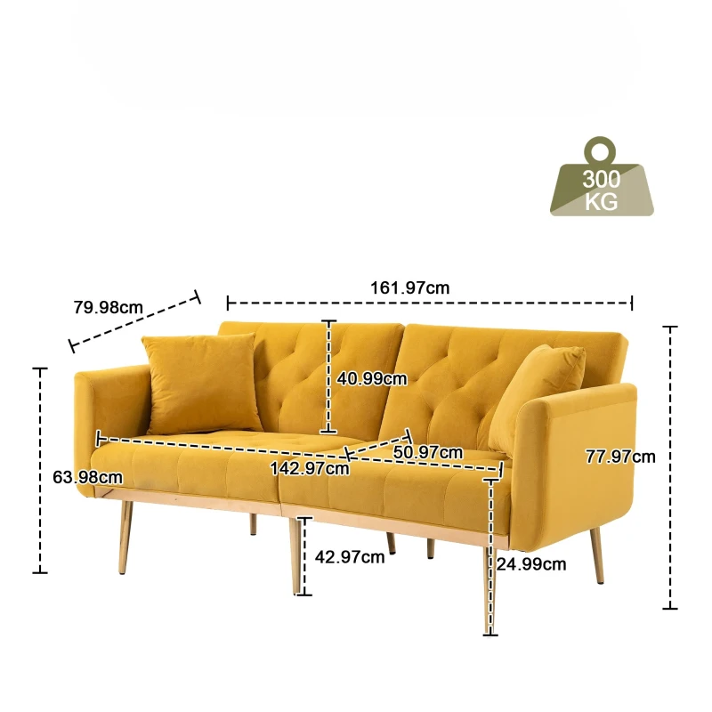 Canapé lit 3 places en velours avec Ajustable Postes, robustes Structure métallique, idéale pour Salon et chambre, 162x78x80 cm, Jaune Moutarde