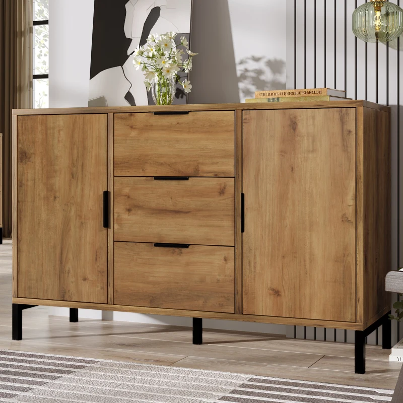 Anrichte mit 2 Türen und 3 Schubladen, Sideboard Highboard für Schlafzimmer & alle Wohnräume, 120x40x76 cm, Eichenoptik