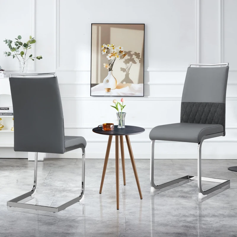 Set aus 6 modernen und ergonomischen Esszimmerstühlen mit hoher Rückenlehne aus Kunstleder und Stoff in Leinenoptik, Grau