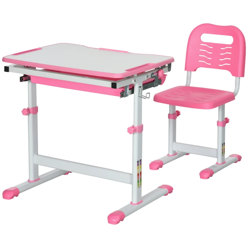 HOMCOM Set Masă și Scaun pentru Copii Reglabilă pe Înălțime, cu Blat Înclinabil 45°, 66x47x52-77 cm, Roz