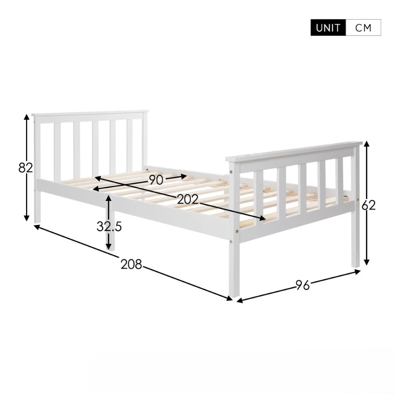Lit simple avec Sommier à Lattes, Design Minimaliste, Capacité Maximale 80 kg, Sans Matelas, 90x200 cm, Blanc