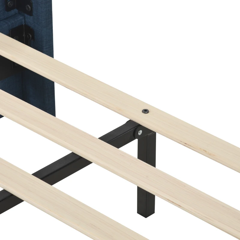 Letto Matrimoniale con imbottito Testiera e rete a Doghe, spento Lino, 140x200 cm, con Materasso, Blu