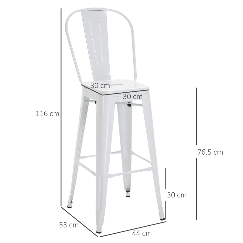 HOMCOM Set 4 Scaune Înalte Ergonomice cu Spătar Detașabil și Suport pentru Picioare, 44x53x116 cm, Alb