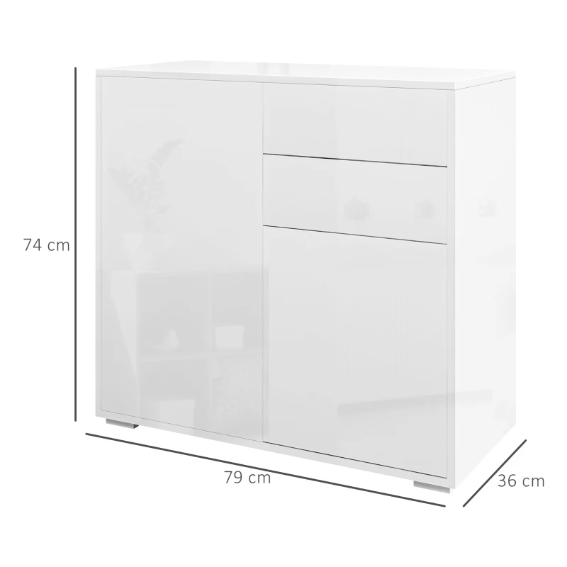 HOMCOM Comoda cu 2 dulapuri si 2 sertare, 79x36x74cm, alb lucios(m-3)
