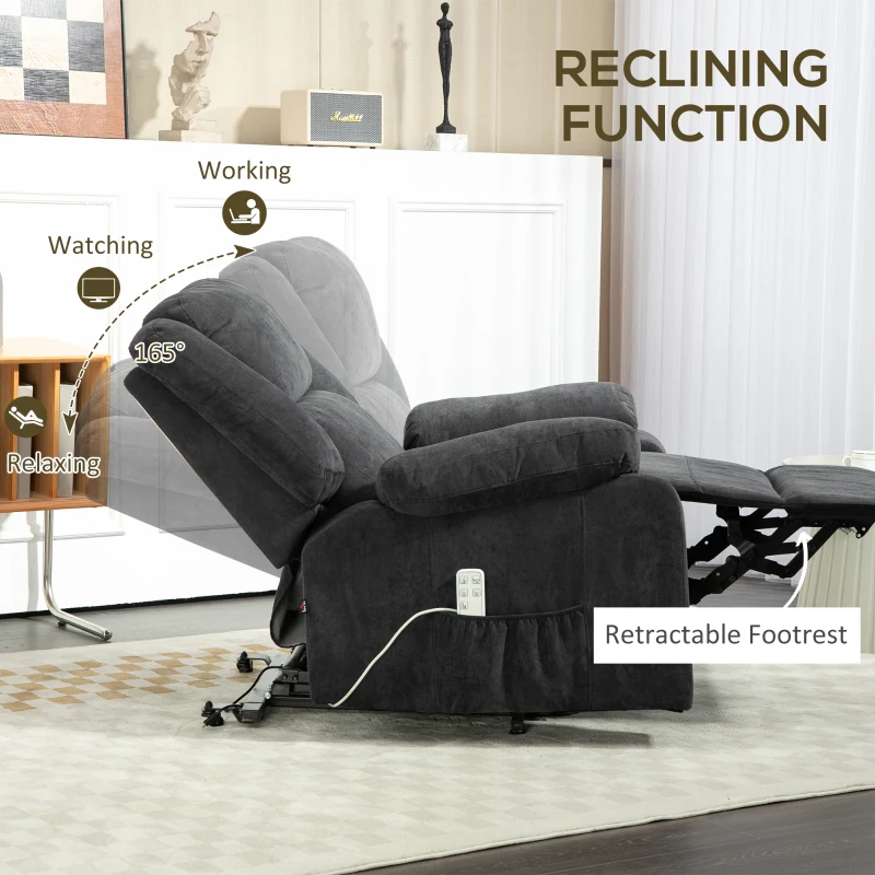 HOMCOM Fotel relaksacyjny z funkcją wstawania, regulowana poduszka głowy, składane oparcie, wyściełane podłokietniki, Czarny