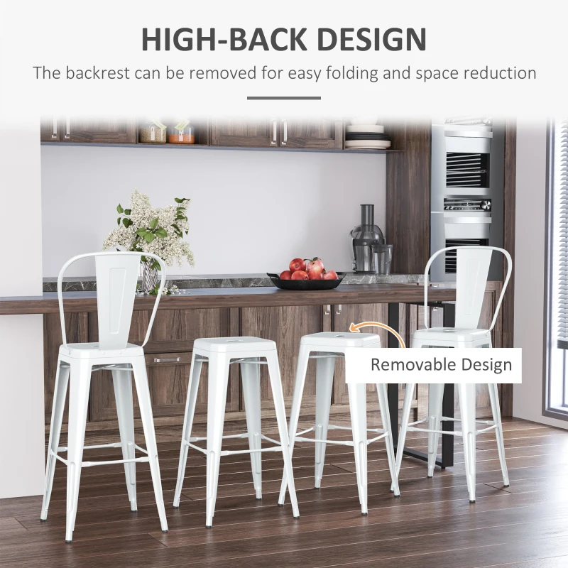 HOMCOM Set 4 Scaune Înalte Ergonomice cu Spătar Detașabil și Suport pentru Picioare, 44x53x116 cm, Alb
