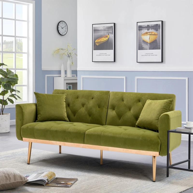 3-Sitzer-Sofa in Samtoptik, verstellbares Schlafsofa, bequem zum Sitzen oder Schlafen, für Wohnzimmer und Schlafzimmer, 162x78x80 cm, Olivgrün