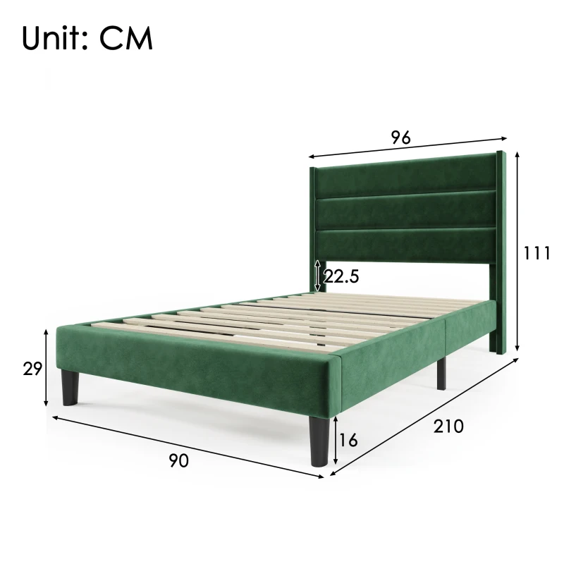 Letto Singolo con Rete a Doghe, Design Moderno, Testiera Imbottita in Velluto, Piedini Antiscivolo, 96x209x111 cm, Verde