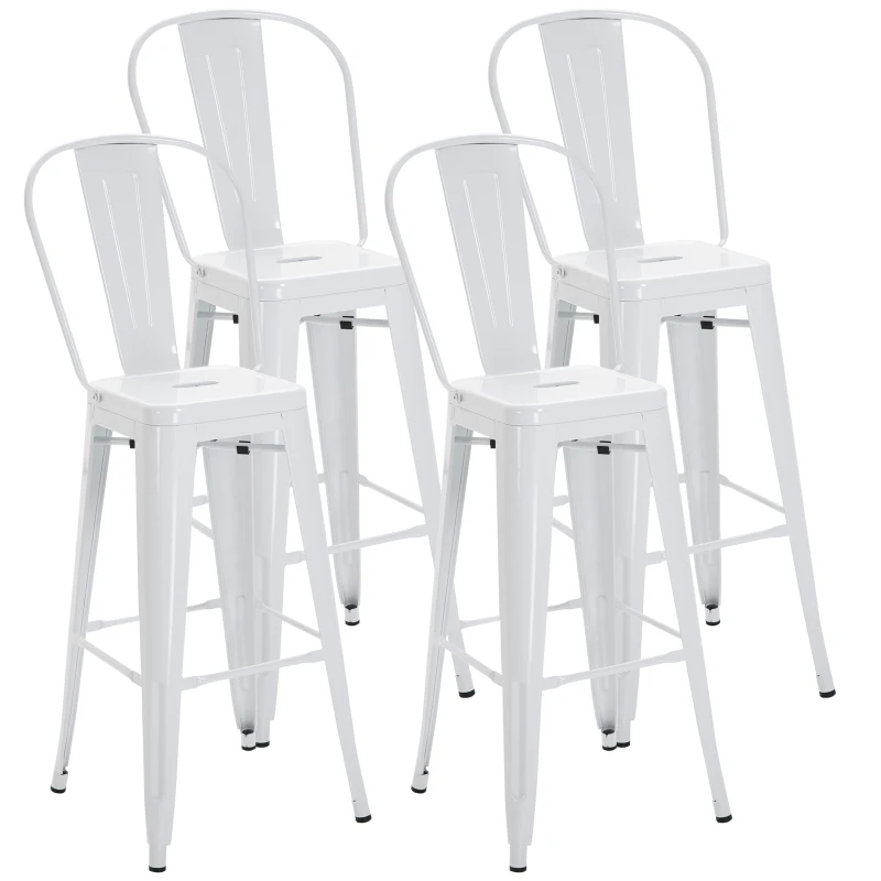 HOMCOM Set 4 Scaune Înalte Ergonomice cu Spătar Detașabil și Suport pentru Picioare, 44x53x116 cm, Alb