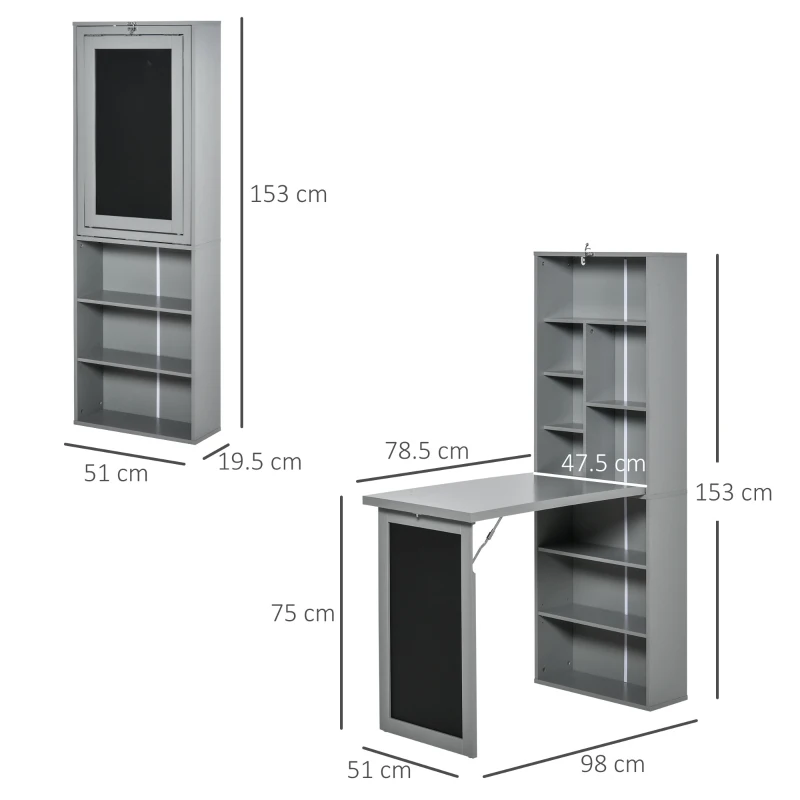 HOMCOM Scrivania PC Pieghevole con Libreria a 9 Ripiani in Legno e Metallo, 98x51x153 cm, Grigio