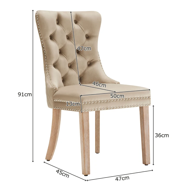 Set aus 2 gepolsterten Esszimmerstühlen in Samtoptik, Design mit Knopfheftung, 50x46x91 cm, Hellbraun