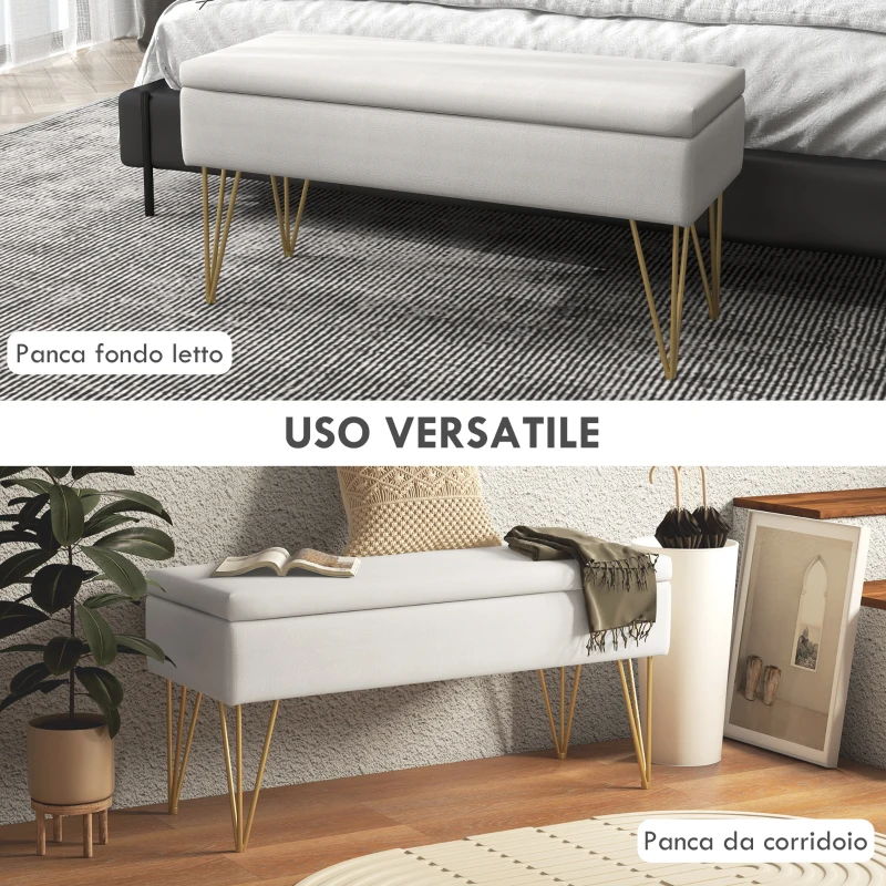 HOMCOM Panca Fondo Letto con Contenitore in Tessuto e Gambe in Acciaio, 100x40x49cm, Crema