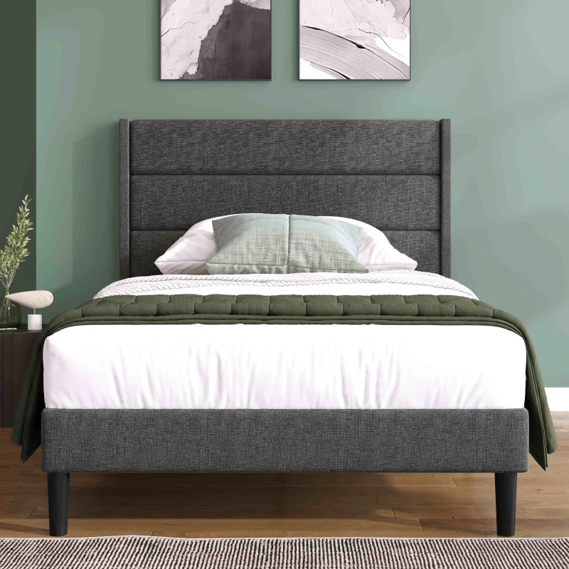 Letto Singolo con Rete a Doghe e Imbottito Testiera, Tessuto in Lino, Design Moderno, senza Materasso, 209x96x111 cm, Grigio Scuro