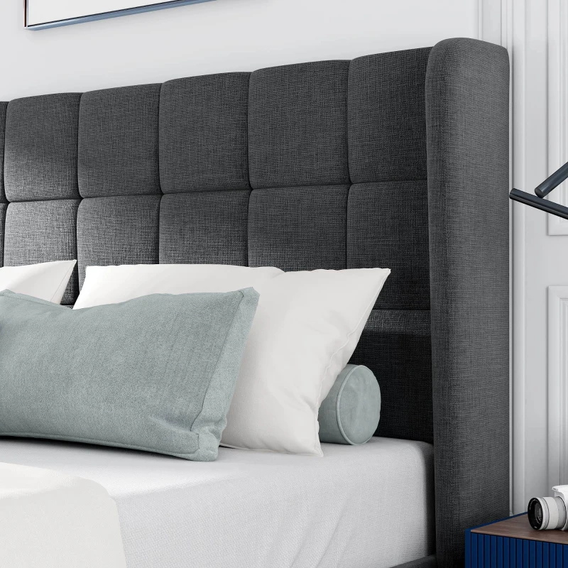 Letto matrimoniale con imbottito Testiera e Rete a doghe, Design elegante in lino, senza Materasso, 140x200 cm, Grigio