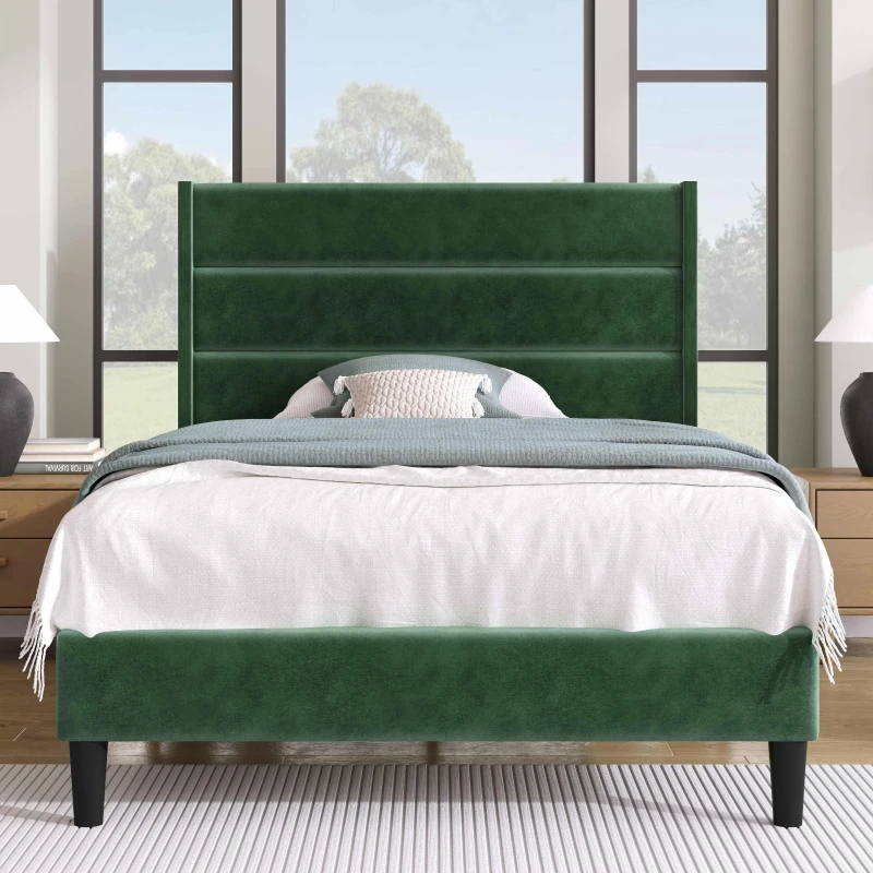 Letto Singolo con Rete a Doghe, Design Moderno, Testiera Imbottita in Velluto, Piedini Antiscivolo, 96x209x111 cm, Verde