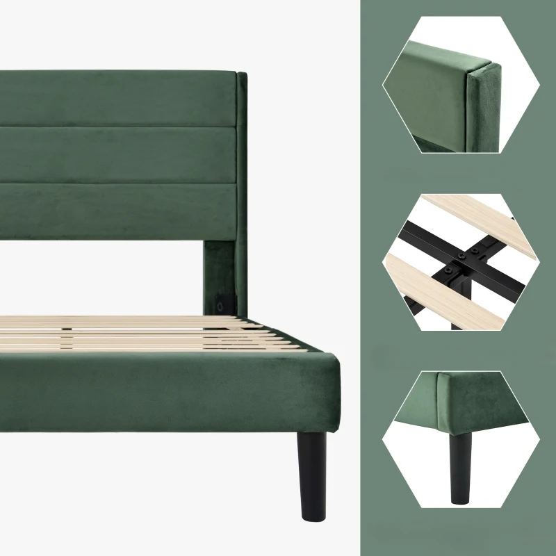 Letto Singolo con Rete a Doghe, Design Moderno, Testiera Imbottita in Velluto, Piedini Antiscivolo, 96x209x111 cm, Verde