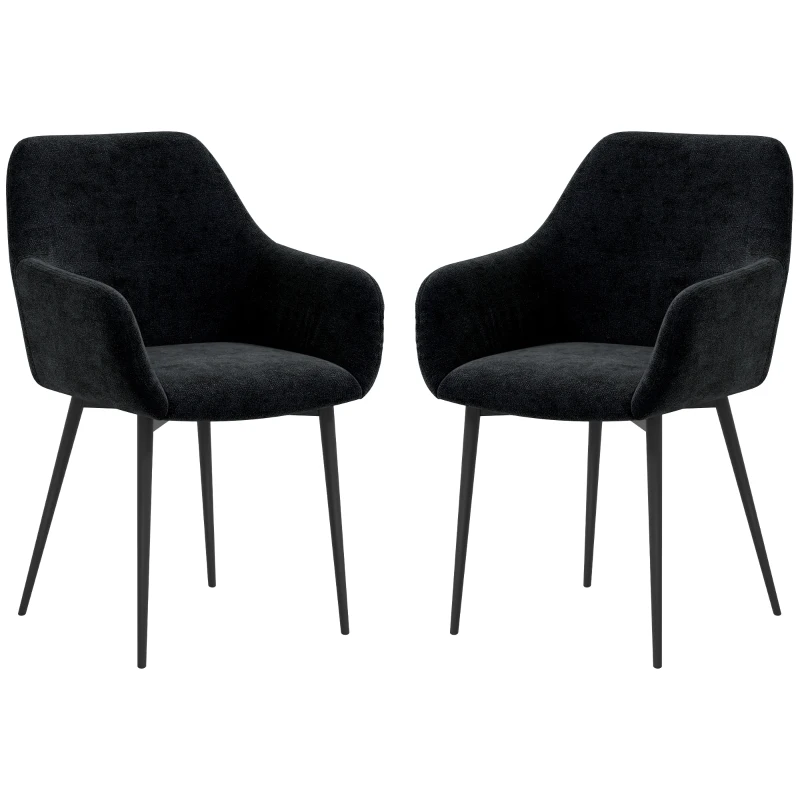 HOMCOM Set 2 Scaune Tapițate în Stil Nordic cu Brațe și Picioare din Oțel pentru Sufragerie, 54x57x80 cm, Negru
