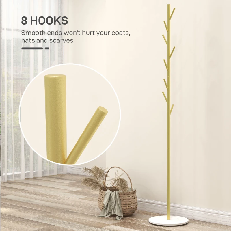 HOMCOM Cuier de Podea Autoportant cu 8 Cârlige și Bază din Marmură, Ø32x164 cm, Auriu