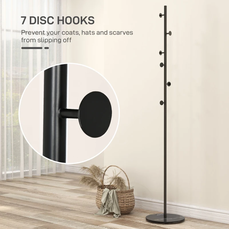 HOMCOM Cuier de Podea Autoportant cu 6 Cârlige Disc și Bază din Ardezie, Ø32x171 cm, Negru