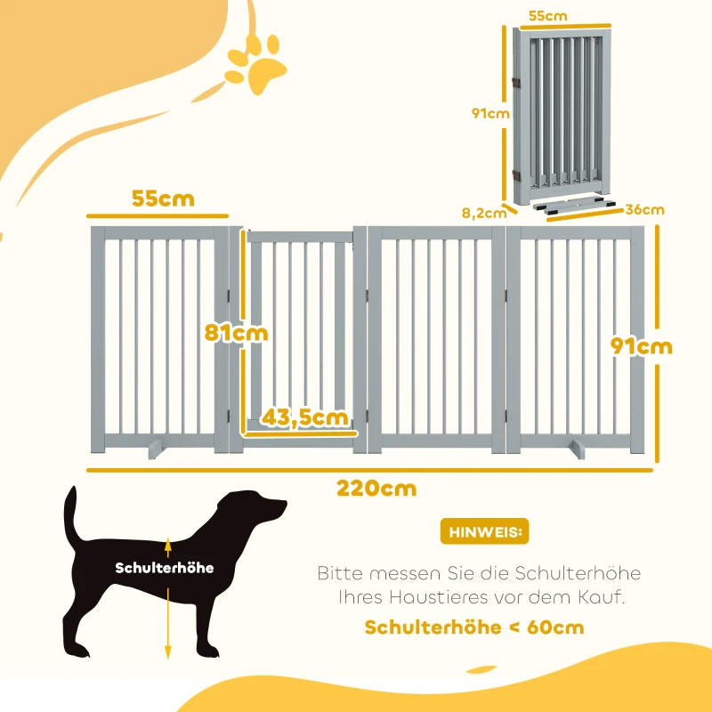 PawHut Bramka Zabezpieczająca dla Psów, Wolnostojąca, Składana, z Drzwiami i Nóżkami, Rama Drewniana, 220x36x91cm, Jasnoszary