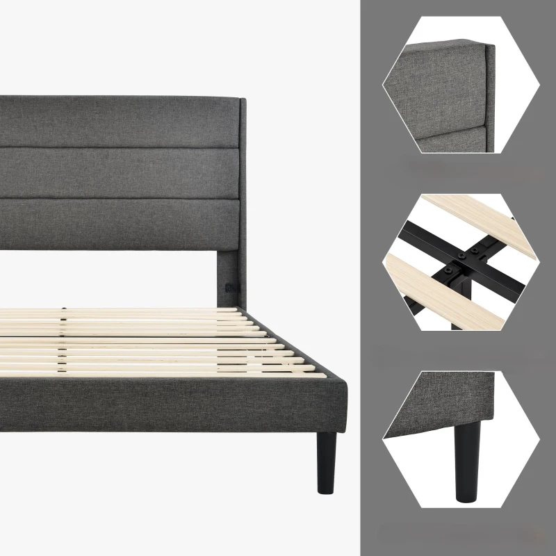 Struttura Letto Matrimoniale con Rete a Doghe e Piedini antiscivolo, Testiera Imbottita in Lino,140x200 Grigio Scuro