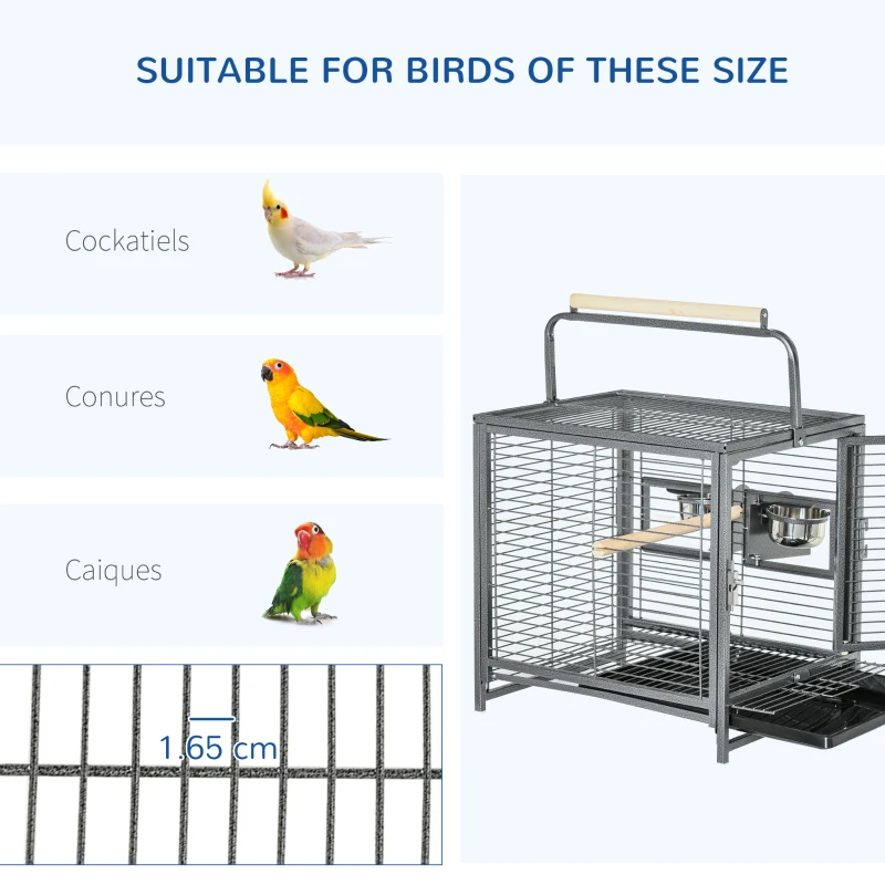 PawHut Bird Cage Budgie Cage for Budgie, Lovebirds, Green Cheek Canary, Parakeet, Cockatiel, Travel Breeding Cage w/ Wooden Perch Handle, 48 x 38 x 65 cm