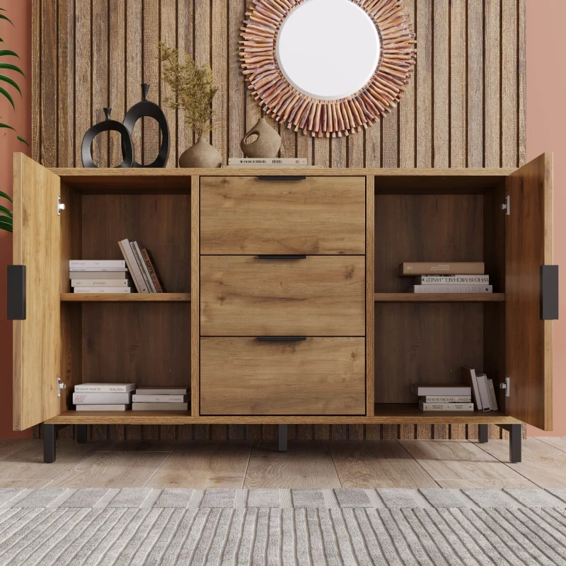 Credenza con 2 porte e 3 cassetti, mobile alto per camera da letto & tutti gli ambienti, 120x40x76 cm, Colore naturale