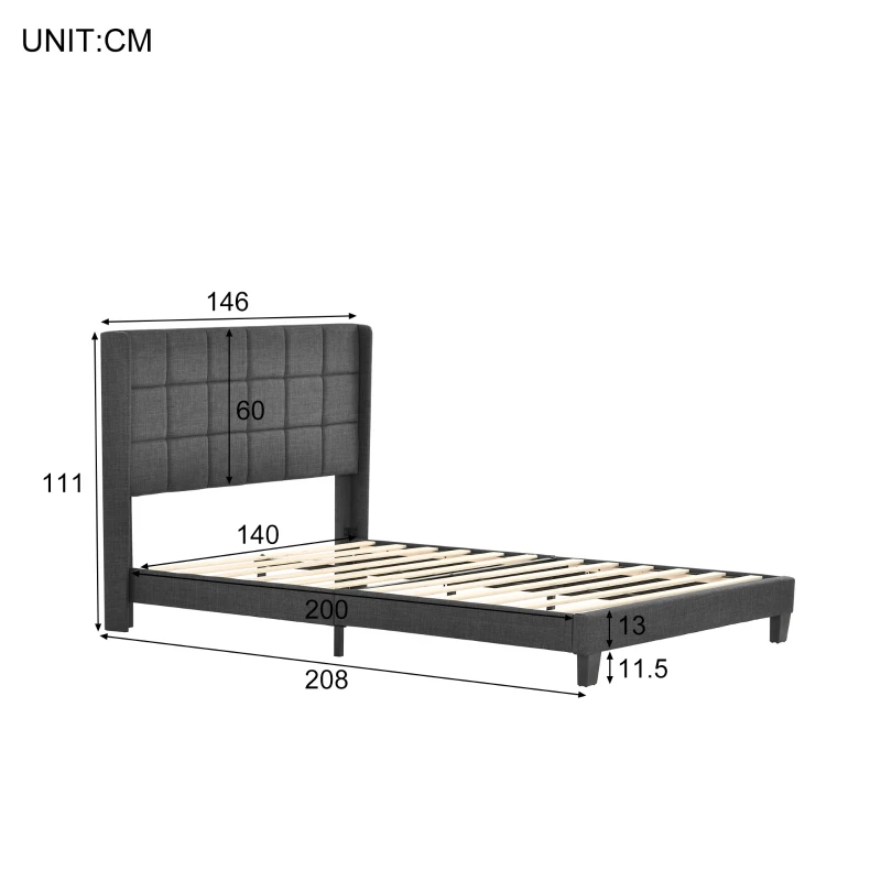 Doppelbett 140x200 cm Leinenoptik mit gepolstertem Kopfteil und Federkernmatratze für Schlafzimmer Grau