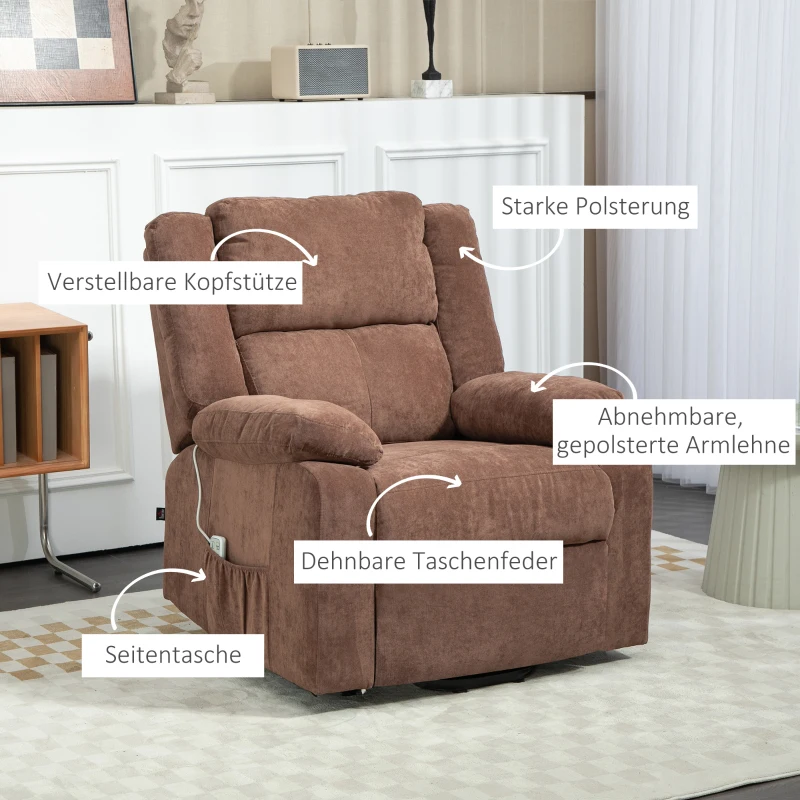 HOMCOM Fotel relaksacyjny z funkcją wstawania, regulowana poduszka pod głowę, składane oparcie, wyściełane podłokietniki, Jasnobrązowy