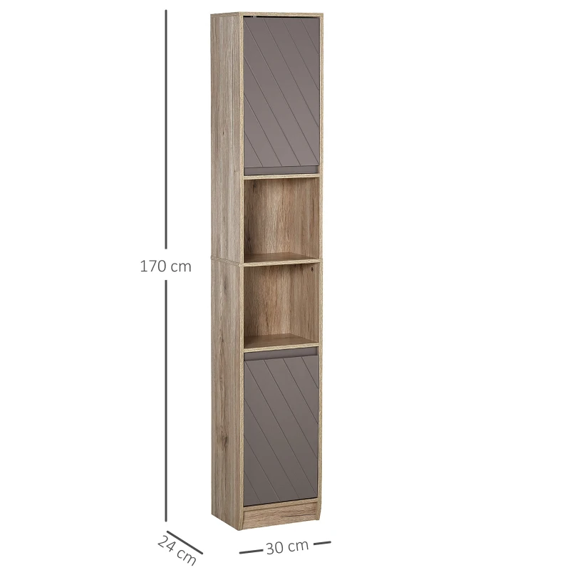 HOMCOM Mobiletto Salvaspazio per Bagno in Legno, Mobile da Bagno con 2 Armadietti e Ripiani Regolabili, Design a Colonna, 30x24x170 cm, Grigio e Rovere