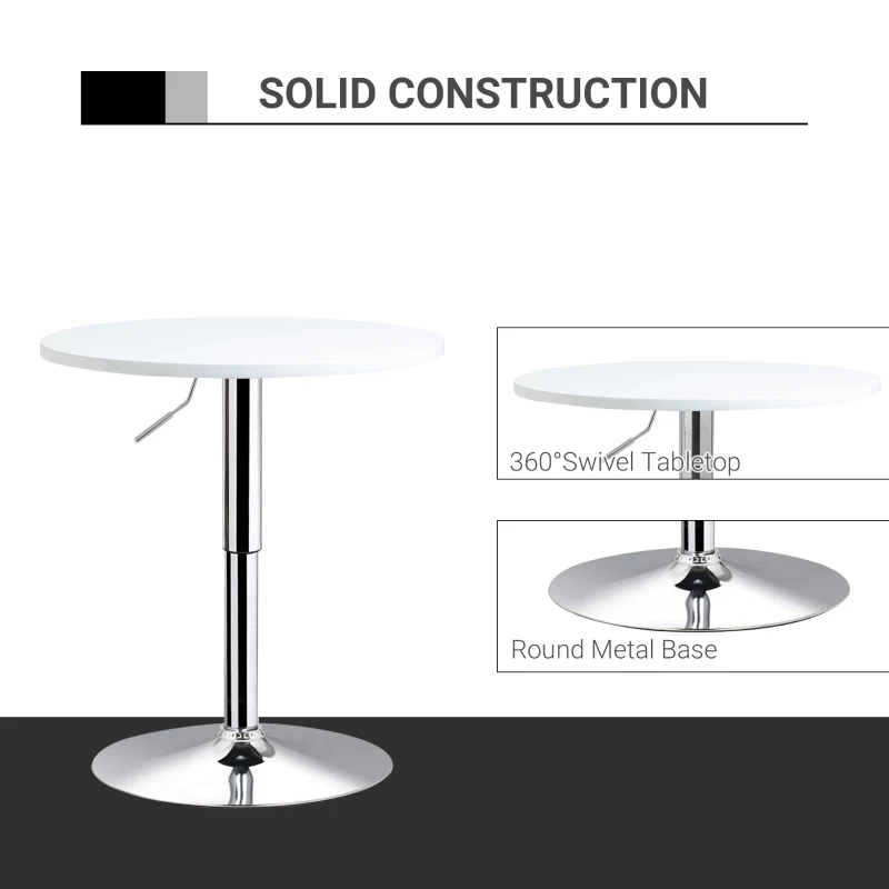 HOMCOM Bar Table Φ60cm Adjustable Height Round Bistro Table w/ Swivel Top Metal Frame Counter Surface Stylish Kitchen Conservatory White