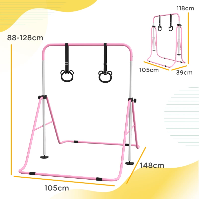 HOMCOM Kinderturnbar met Ringen, Hoogteverstelbaar, Opvouwbaar, Antislip, Stalen Frame, 148x105x88-128 cm, Roze(m-3)